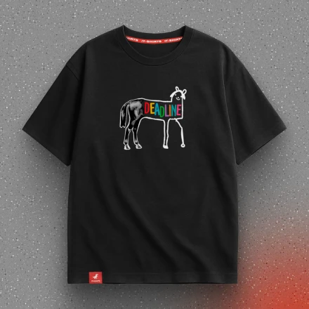 Black T-shirt «Deadline», with a half-drawn horse