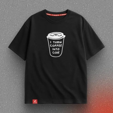 Чорна футболка «I turn coffee into code», зі стаканчиком кави
