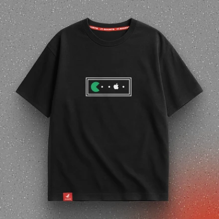 Black T-shirt «Android Pacman», where Android munches on Apple