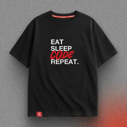 Black T-shirt «Eat sleep code repeat», with text