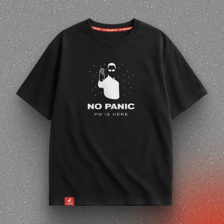 Чорна футболка «No panic, PM is here», для проджект менеджера