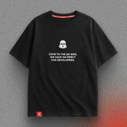 Черная футболка «Come to the QA side, we have no mercy for developers», никакого сочувствия к программистам