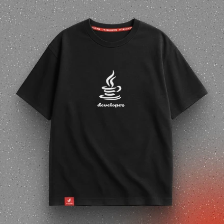 Black T-shirt «Java Developer», with a steaming cup of code