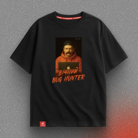 Black T-shirt «Eternal Bug Hunter», with Ivan Franko in a cap