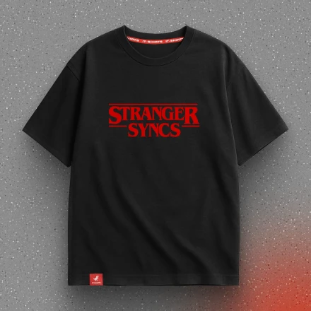 Black T-shirt «Stranger Syncs», when daily standups go dark