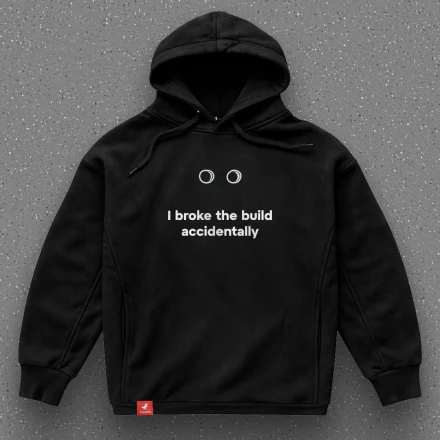 Чорна худи «I broke the build accidentally», з винуватими очіма