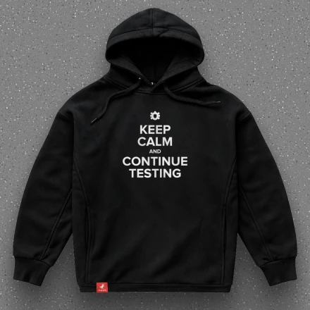 Hoodie for QA engineers «Keep calm and continue testing», a reminder to stay cool