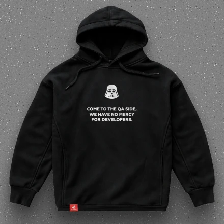 Black hoodie «Come to the QA side, we have no mercy for developers», no sympathy for developers
