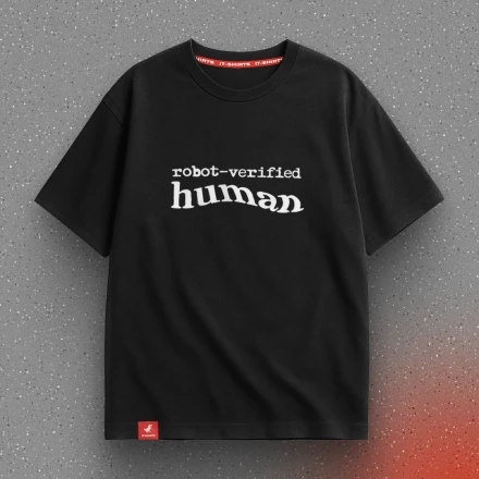 Black T-shirt «Robot-verified human», officially not a bot