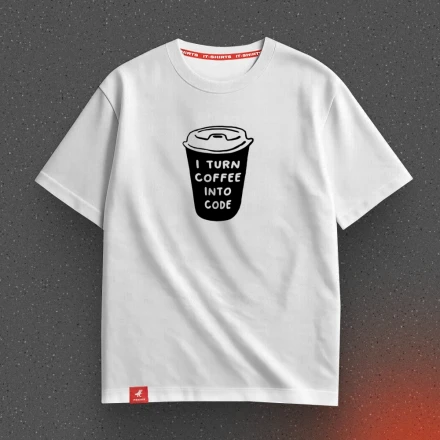 Біла футболка «I turn coffee into code», зі стаканчиком кави
